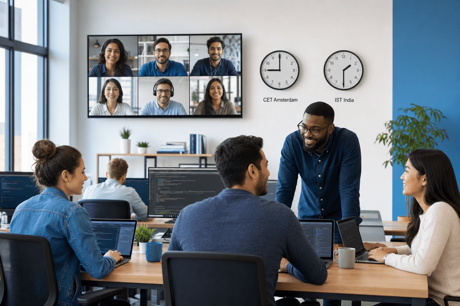 Hindalson team working during CET business hours — clocks show 9am CET and 1:30pm IST
